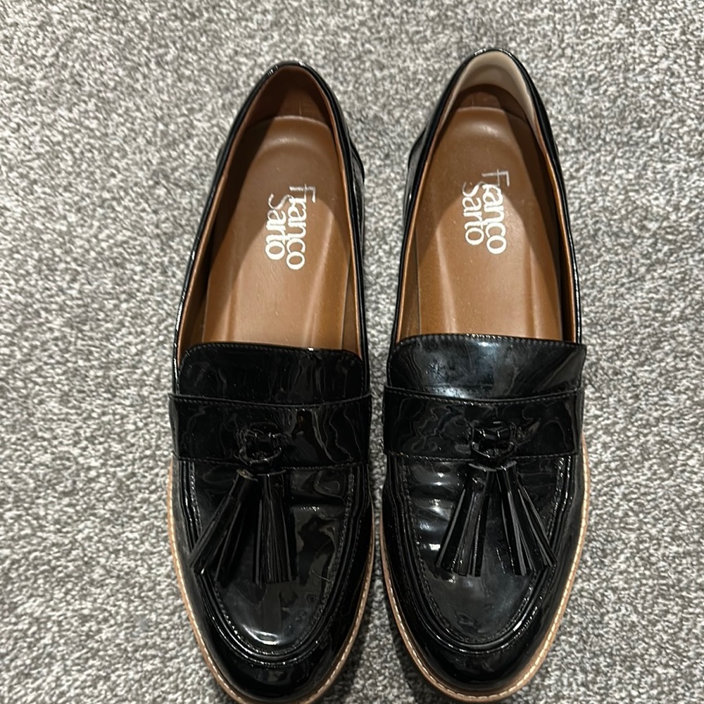 Franco Sarto Glossy Black Loafers with Tassels